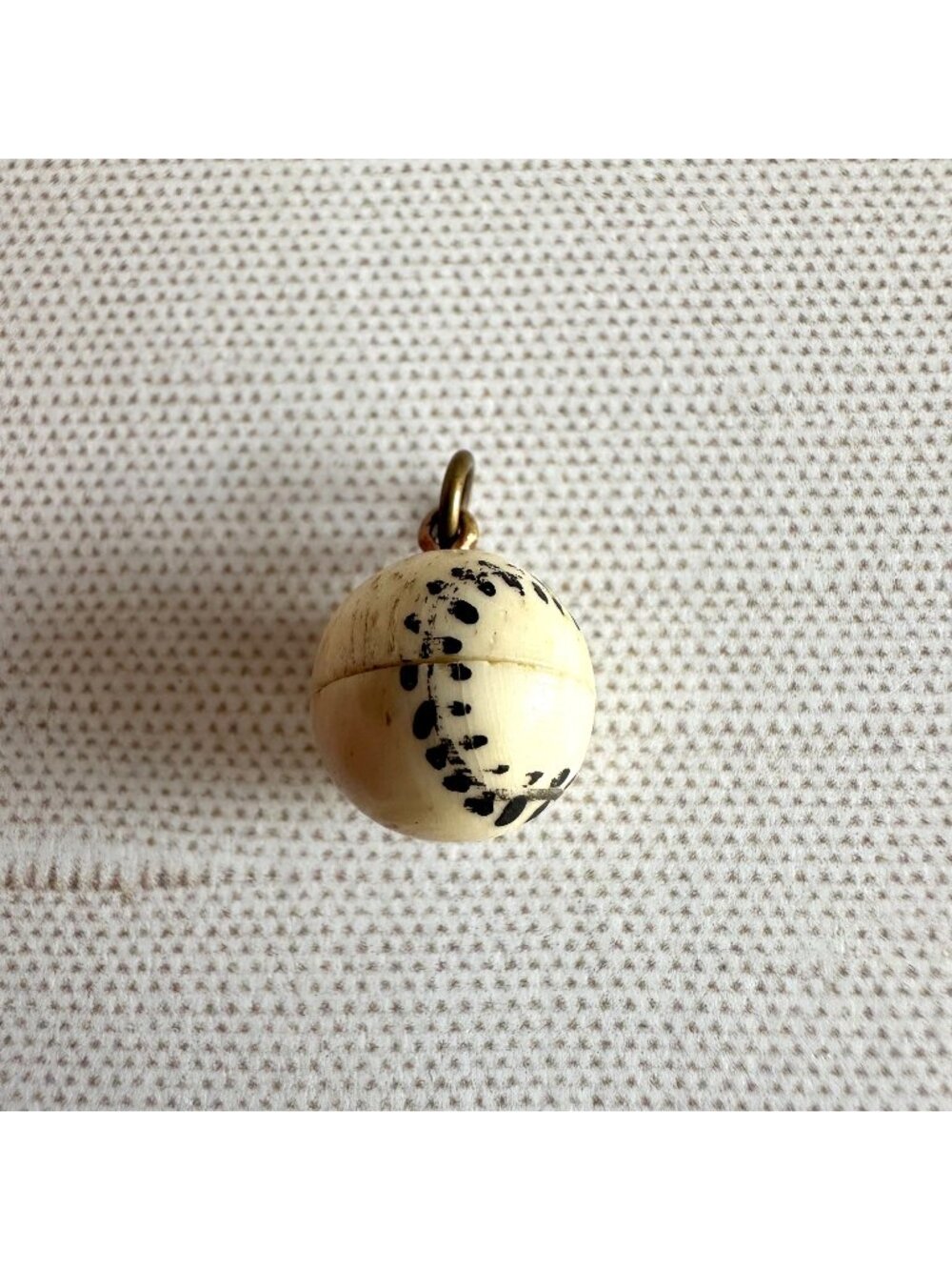 Antique Miniature Baseball Charm Pendant, Carved Bone Brass Bail, Victorian Spor